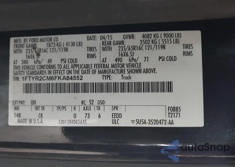 2015 Ford Transit-250 из США, поврежденный, VIN 1FTYR2CM6FKA84552